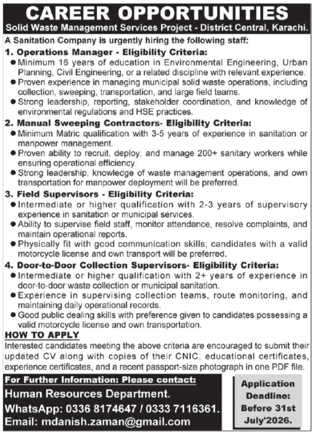 Solid Waste Management Services Karachi Job 2026 — original advertisement