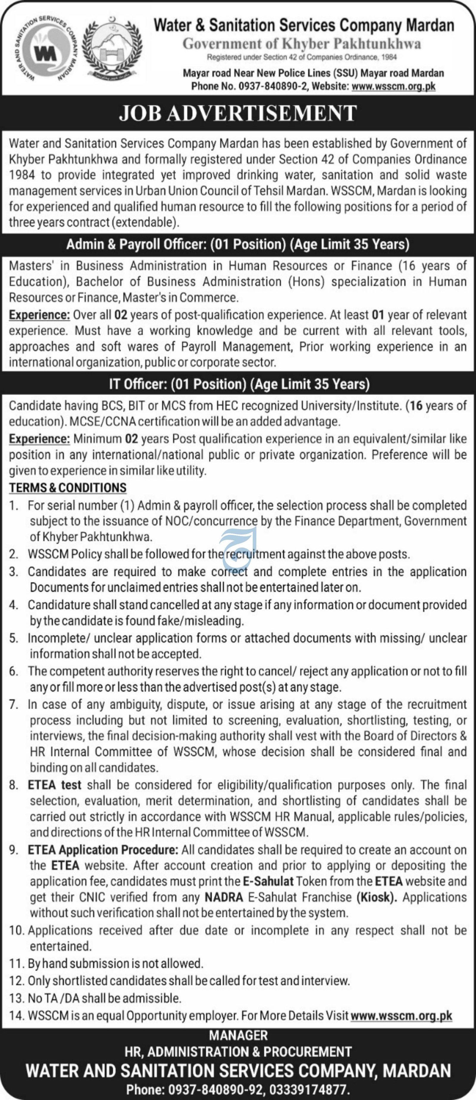 Water And Sanitation Services Company WSSC Mardan Jobs 2026 — original advertisement