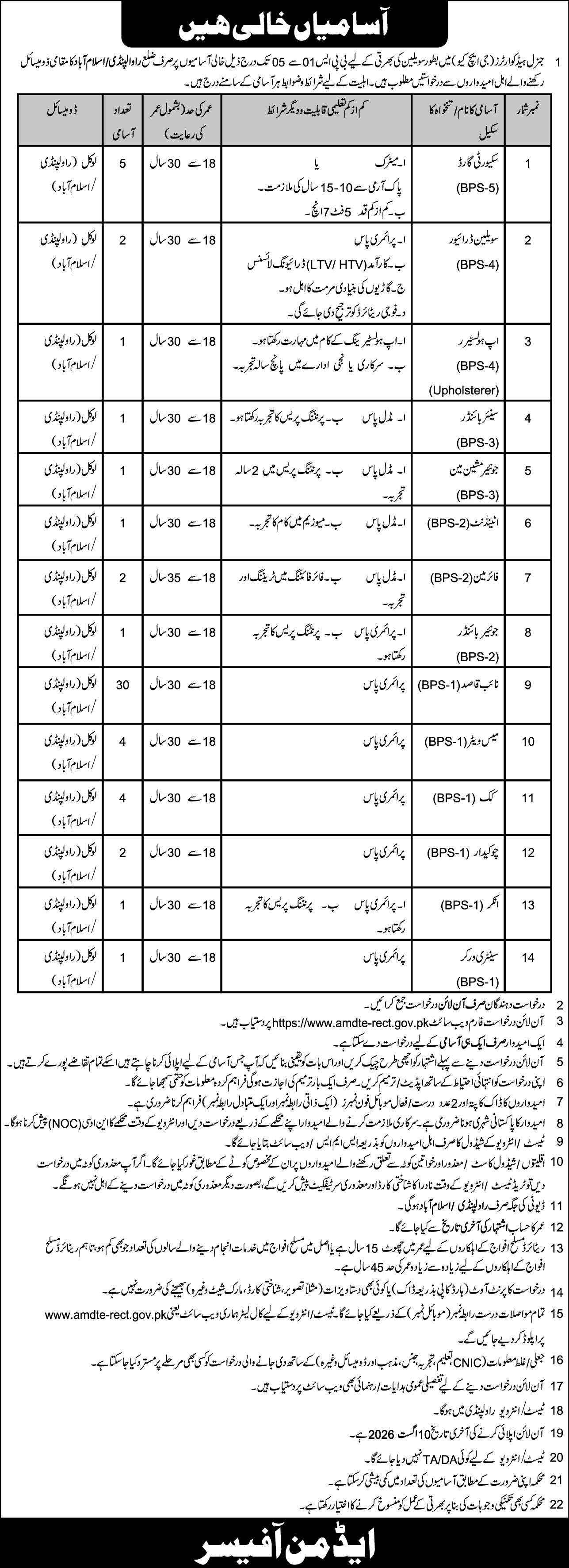 General Head Quarter GHQ Rawalpindi Jobs 2026 — original advertisement