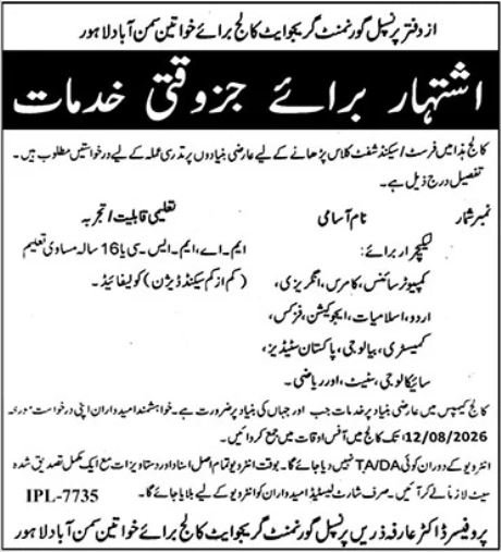 Government Graduate College For Women Lahore Jobs 2026 — original advertisement
