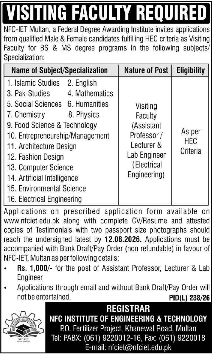 NFC Institute Of Engineering & Technology Multan Jobs 2026 — original advertisement