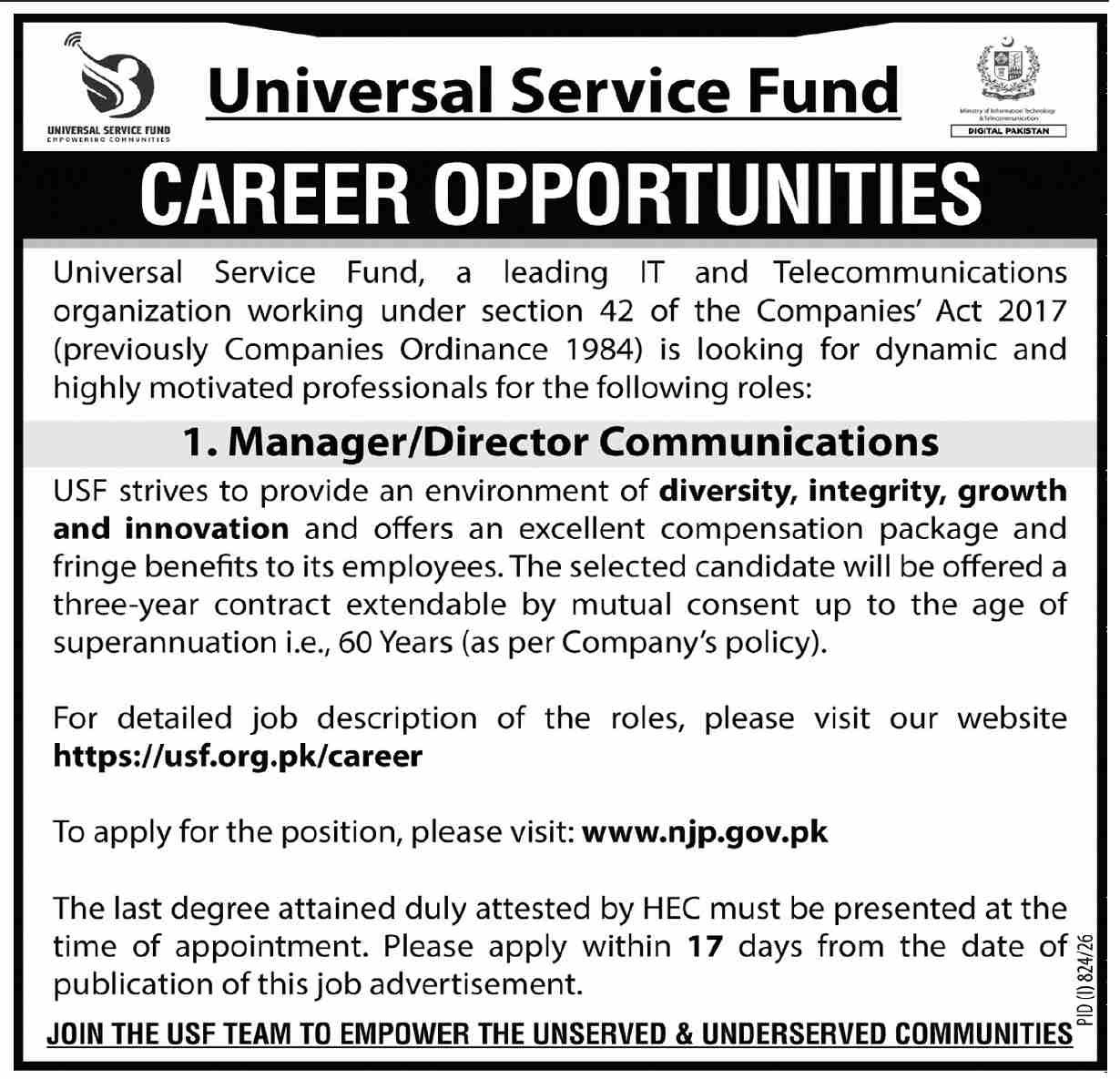 Universal Service Fund Islamabad Jobs 2026 — original advertisement