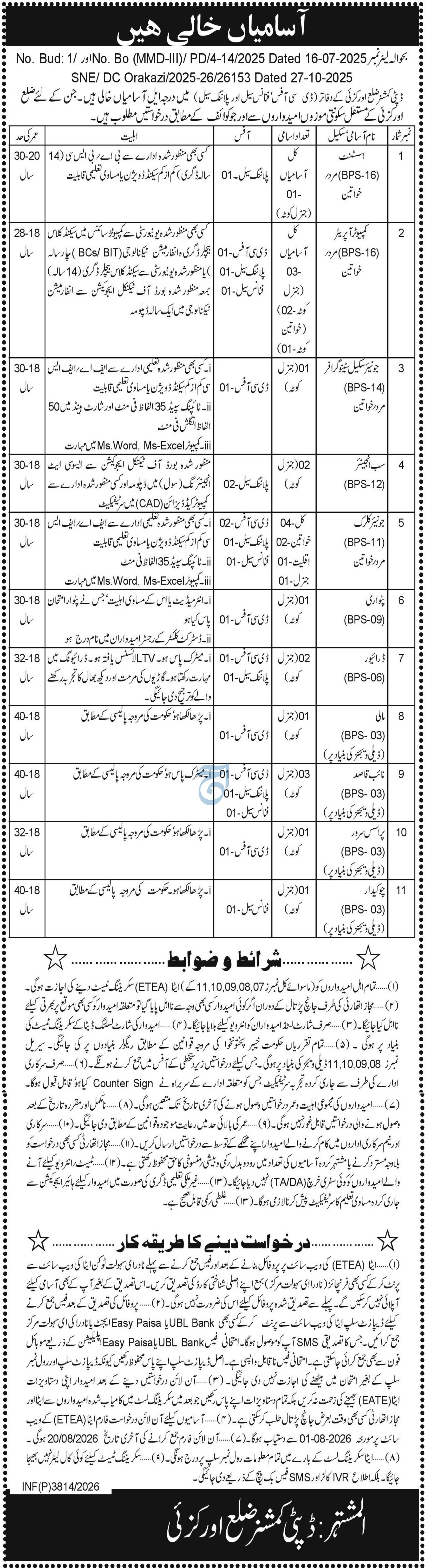 Deputy Commissioner Orakzai Jobs 2026 — original advertisement