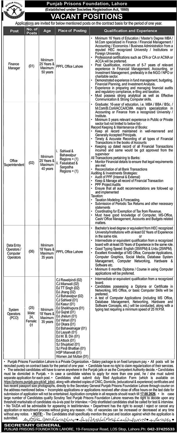Punjab Prisons Foundation Lahore Jobs 2026 — original advertisement