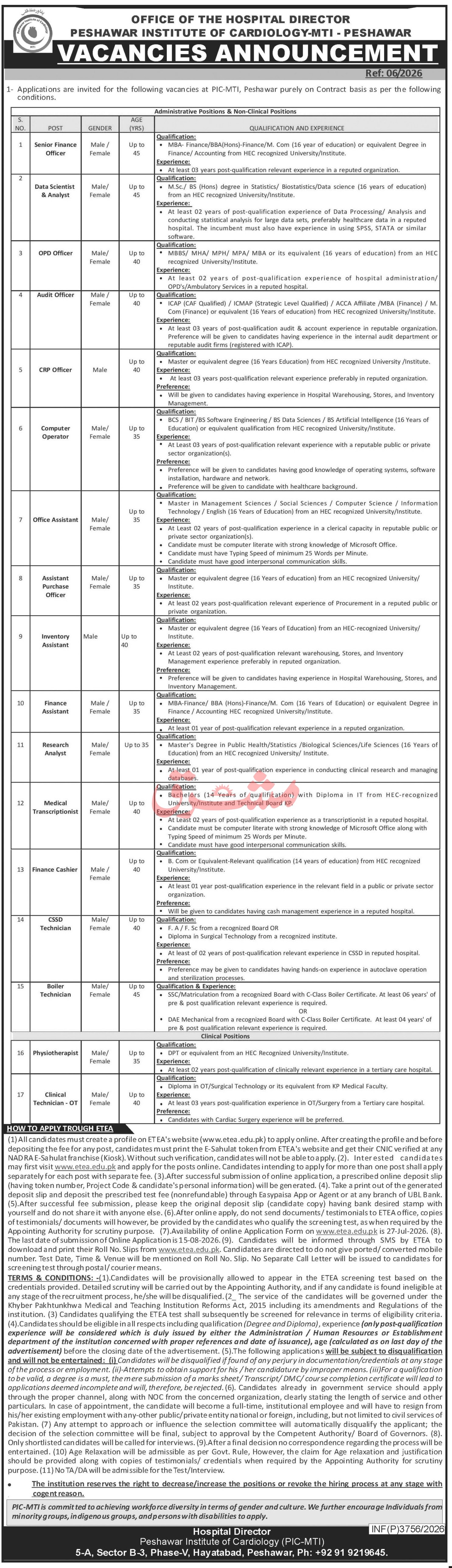 Peshawar Institute Of Cardiology PIC Jobs 2026 — original advertisement