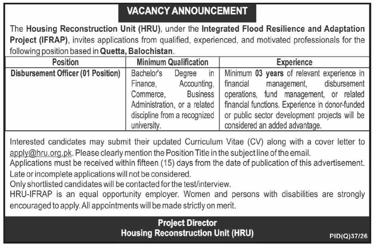 The Housing Reconstruction Unit (HRU) Balochistan Jobs 2026 — original advertisement