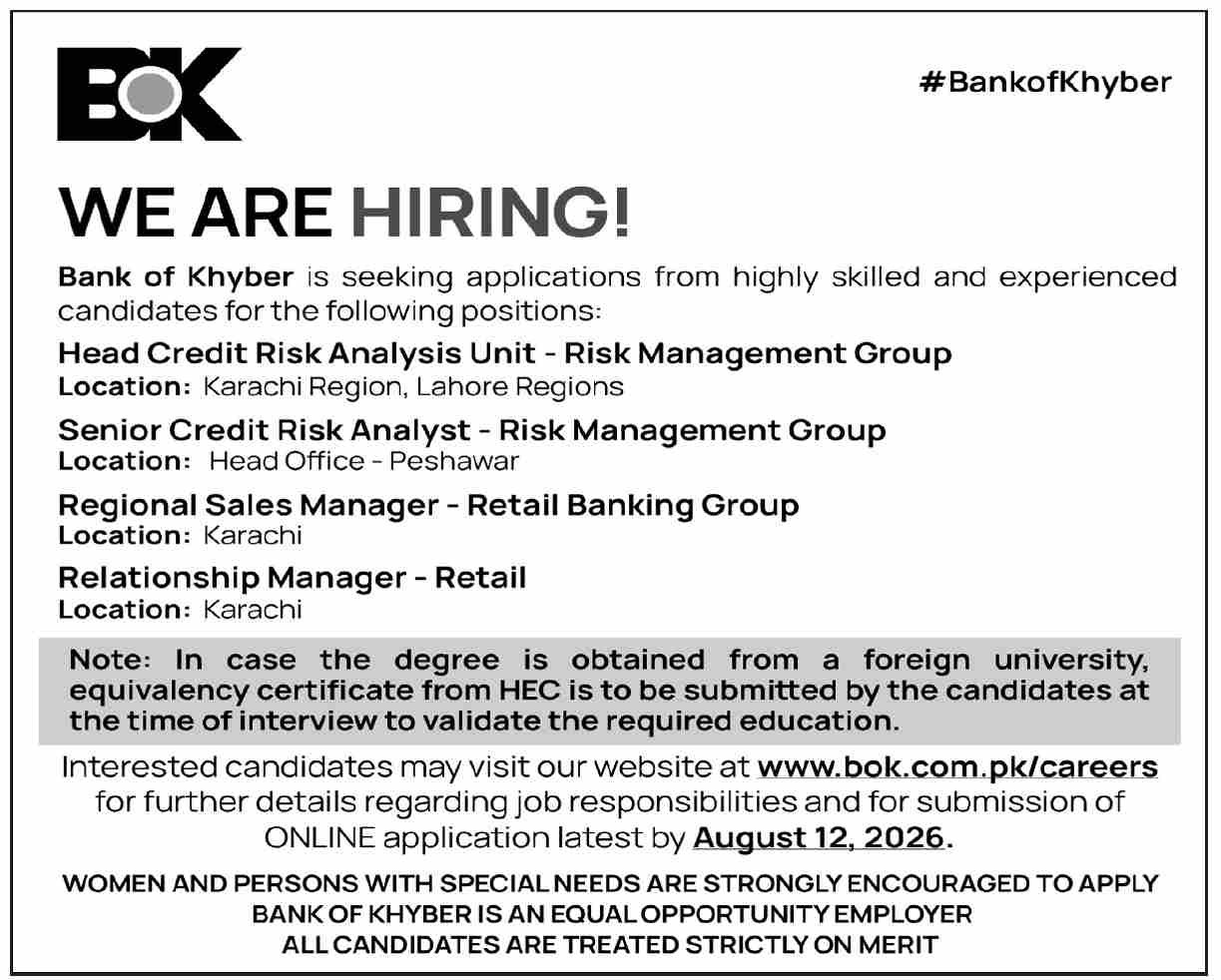The Bank Of Khyber BOK Karachi Jobs 2026 — original advertisement