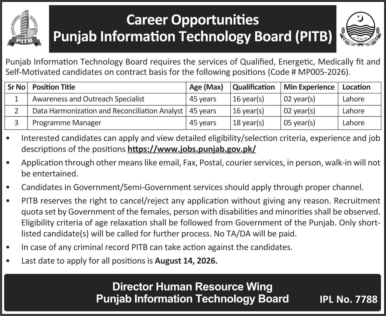 Punjab Information Technology Board PITB Lahore Jobs 2026 — original advertisement