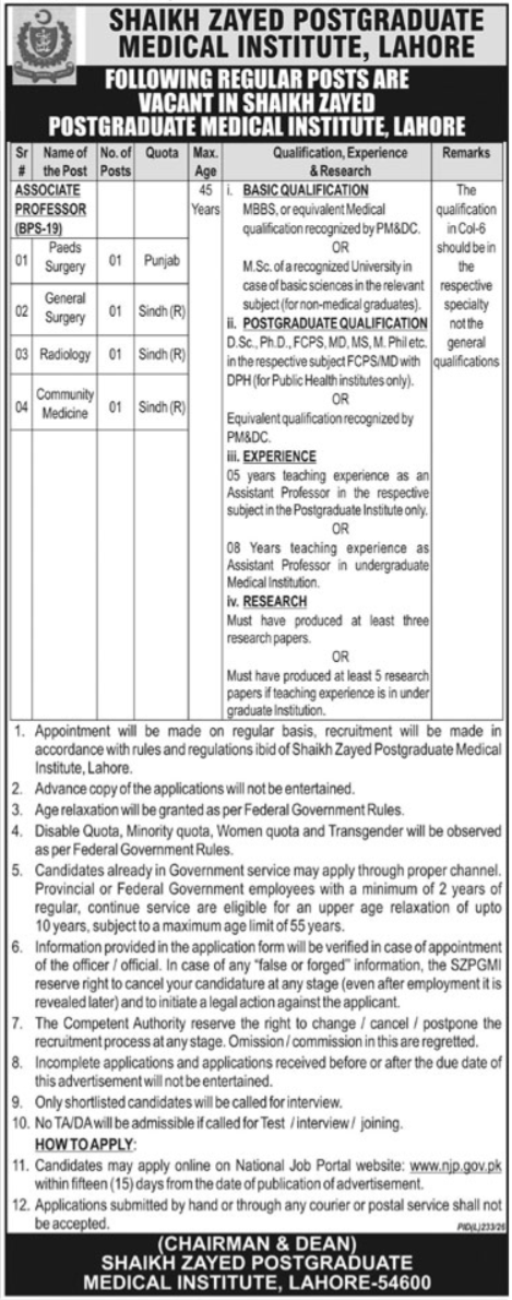 Shaikh Zayed Postgraduate Medical Institute Lahore Jobs 2026 — original advertisement