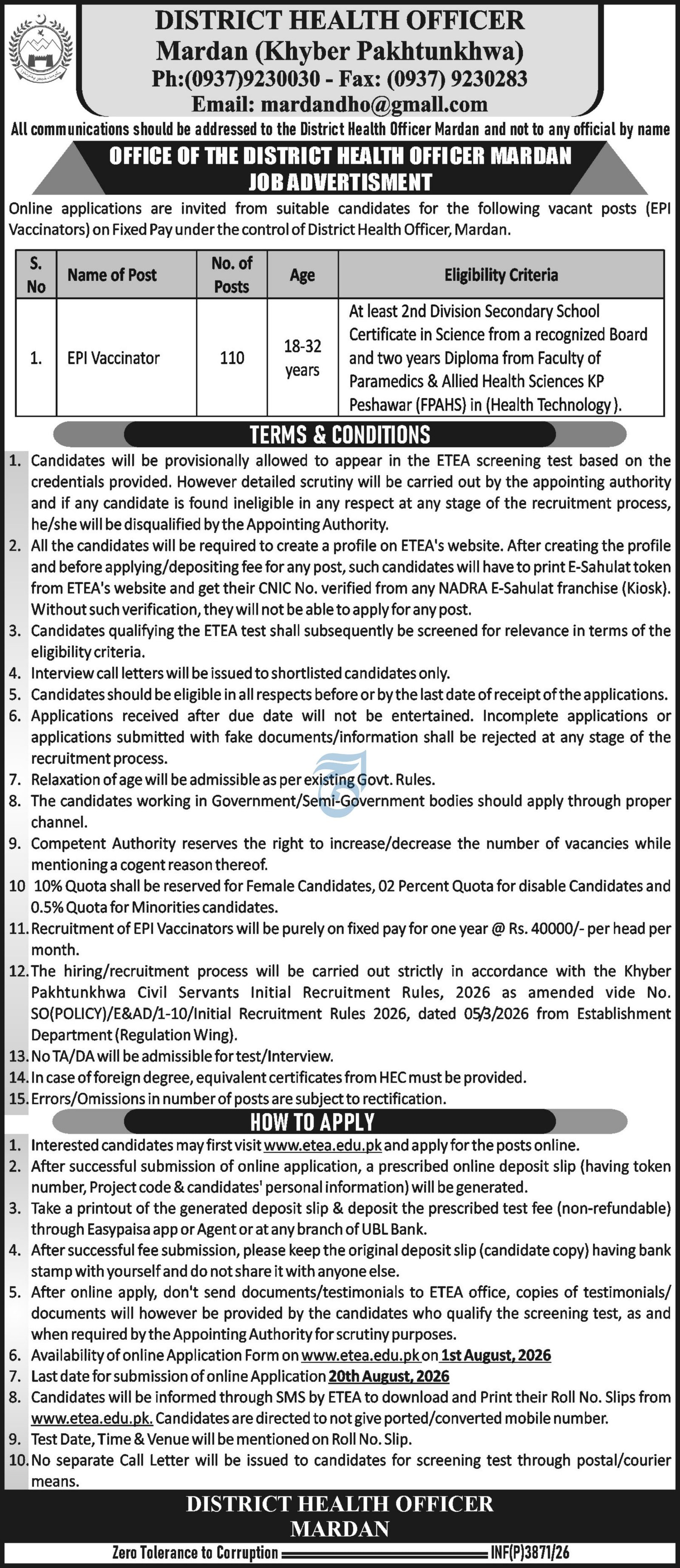 District Health Officer Mardan Job 2026 — original advertisement