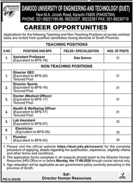 DUET Dawood University Of Engineering & Technology Jobs 2026 — original advertisement