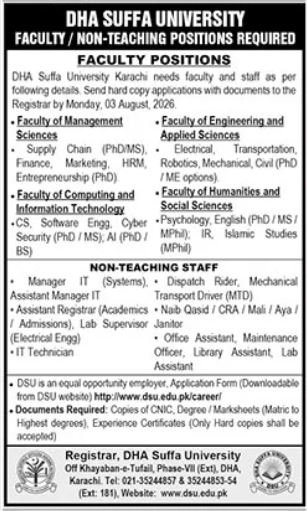 DHA Suffa University Karachi Jobs 2026 For Professors — original advertisement