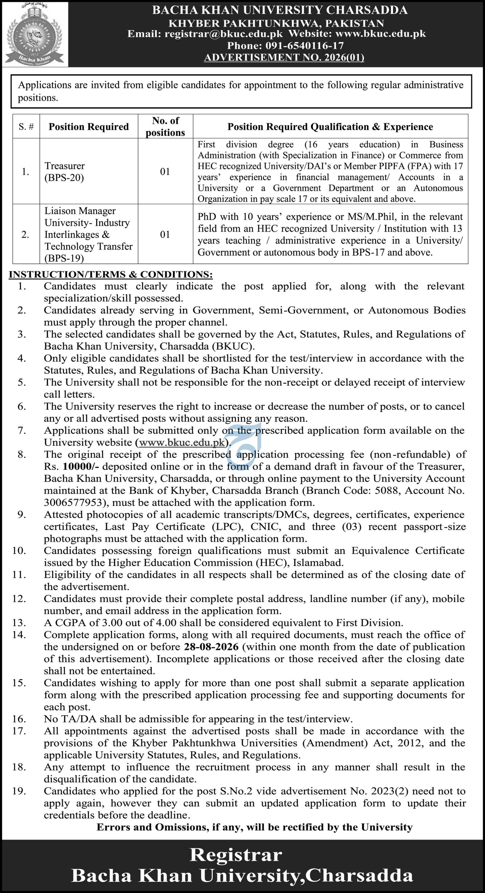 Bacha Khan University, Charsadda Jobs 2026 — original advertisement