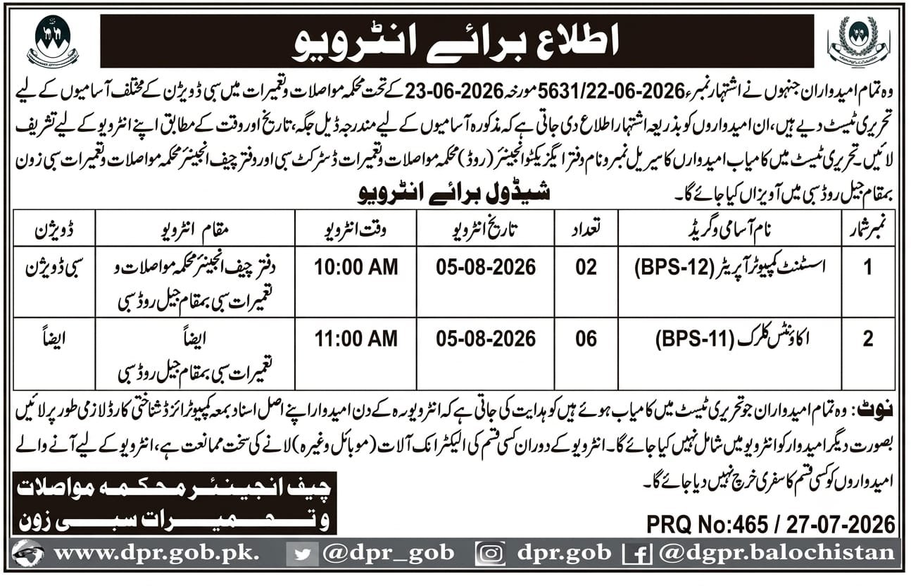 Communication and Works Department, Sibi Zone jobs interview — original advertisement