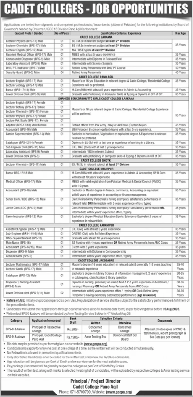 Cadet College Pano Aqil Jobs 2026 — original advertisement