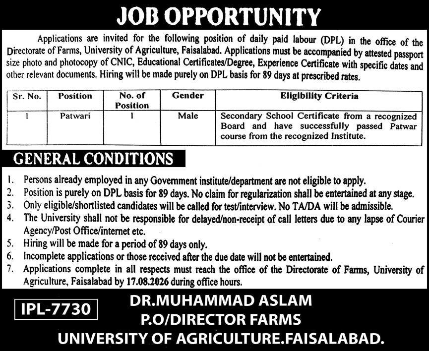Directorate Of Farms University Of Agriculture UAF Jobs 2026 — original advertisement