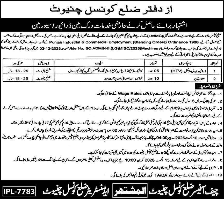 District Council DC Chiniot Jobs 2026 For Sewer Man — original advertisement