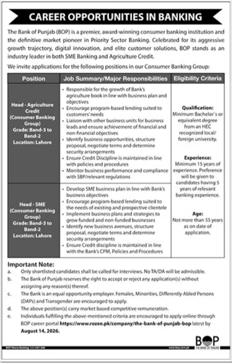 The Bank Of Punjab BOP Lahore Jobs 2026 — original advertisement