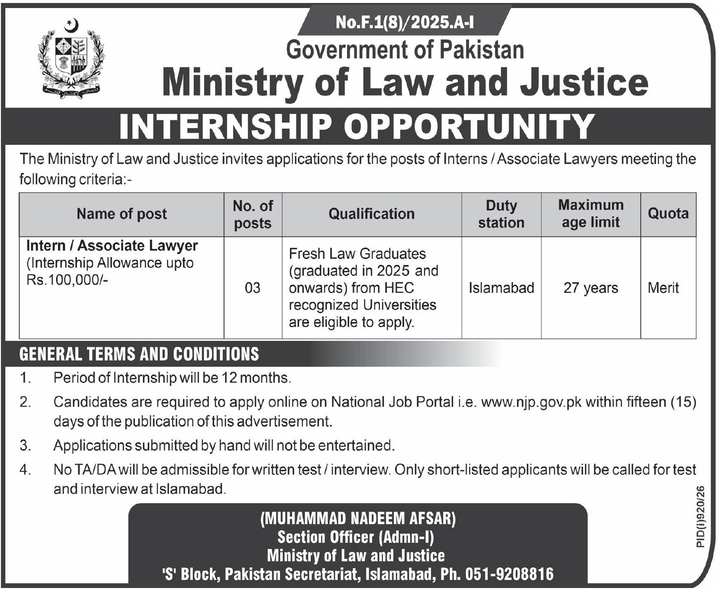 Ministry Of Law & Justice Islamabad Internship 2026 — original advertisement