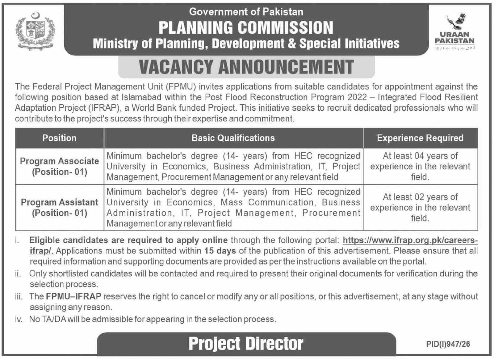 Ministry Of Planning Development And Special Initiative Jobs — original advertisement