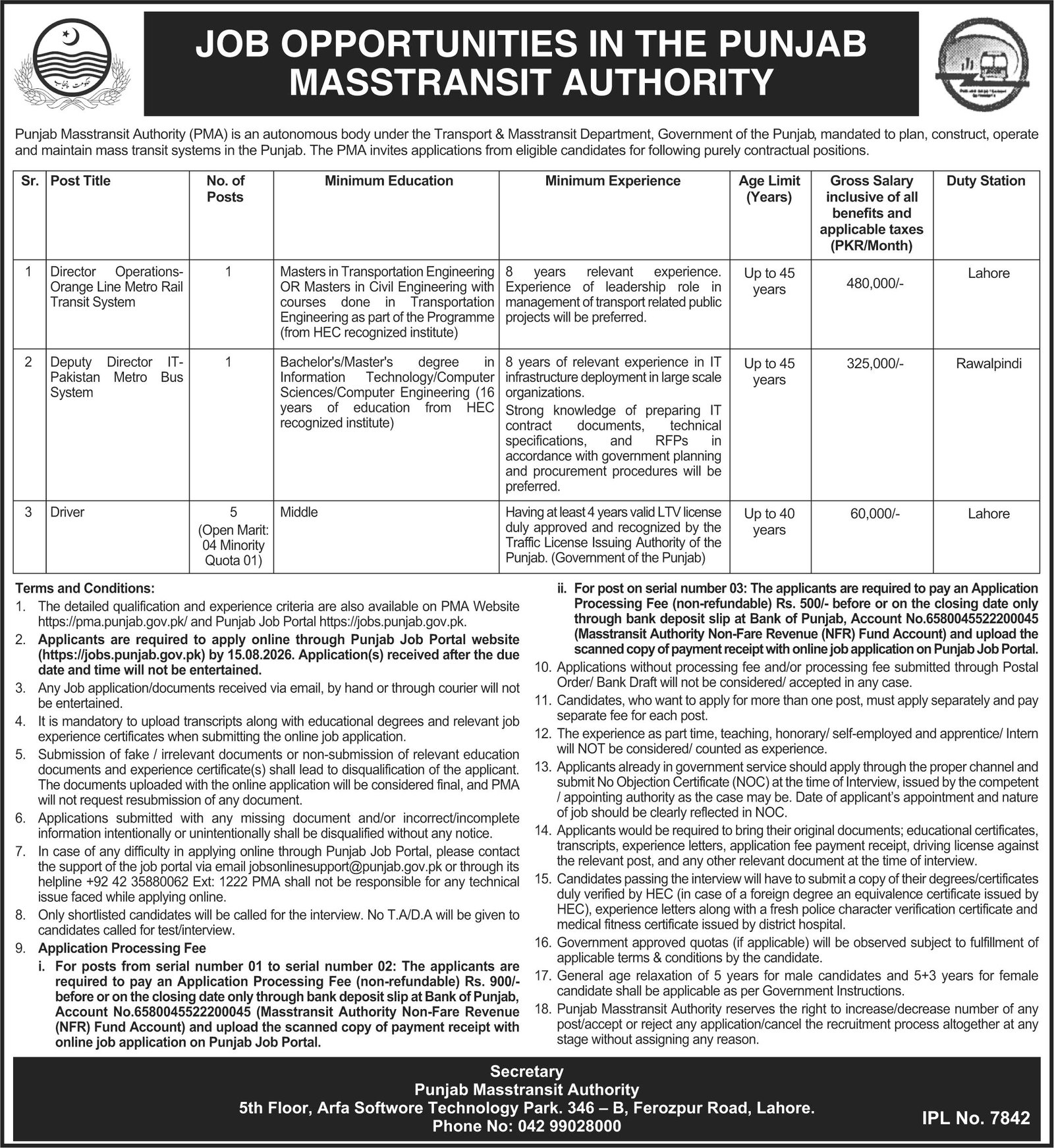 Punjab Masstransit Authority PMA Lahore Jobs 2026 — original advertisement