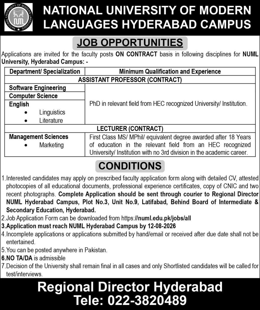 NUML University Hyderabad Campus Jobs 2026 — original advertisement