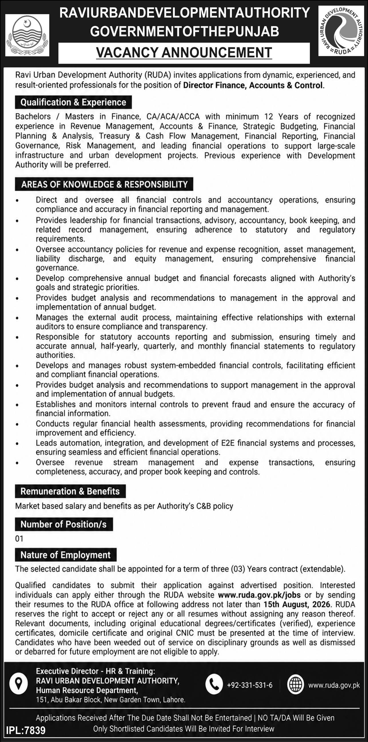 Ravi Urban Development Authority RUDA Jobs 2026 — original advertisement