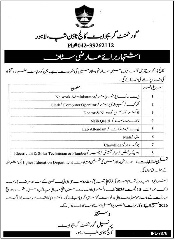 Government Graduate College Lahore Jobs 2026 — original advertisement