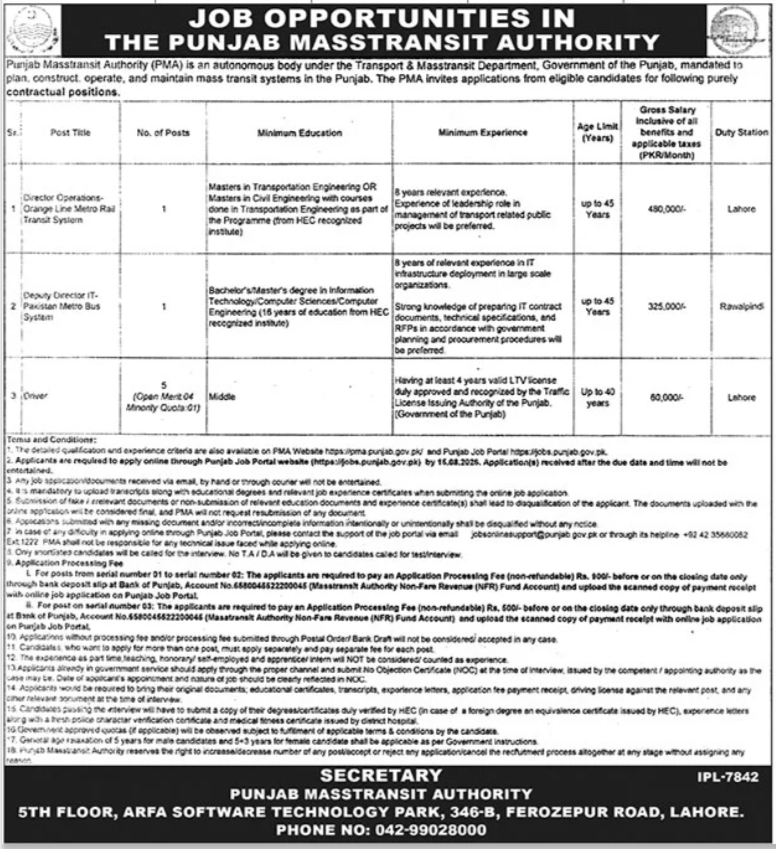 Punjab Masstransit Authority PMA Jobs 2026 — original advertisement