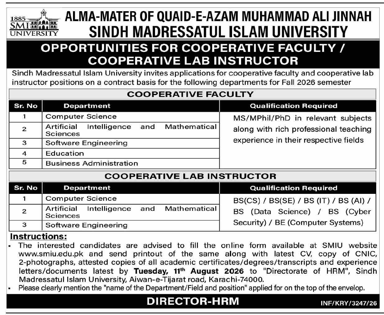 Sindh Madressatul Islam University SMIU Karachi Jobs 2026 — original advertisement