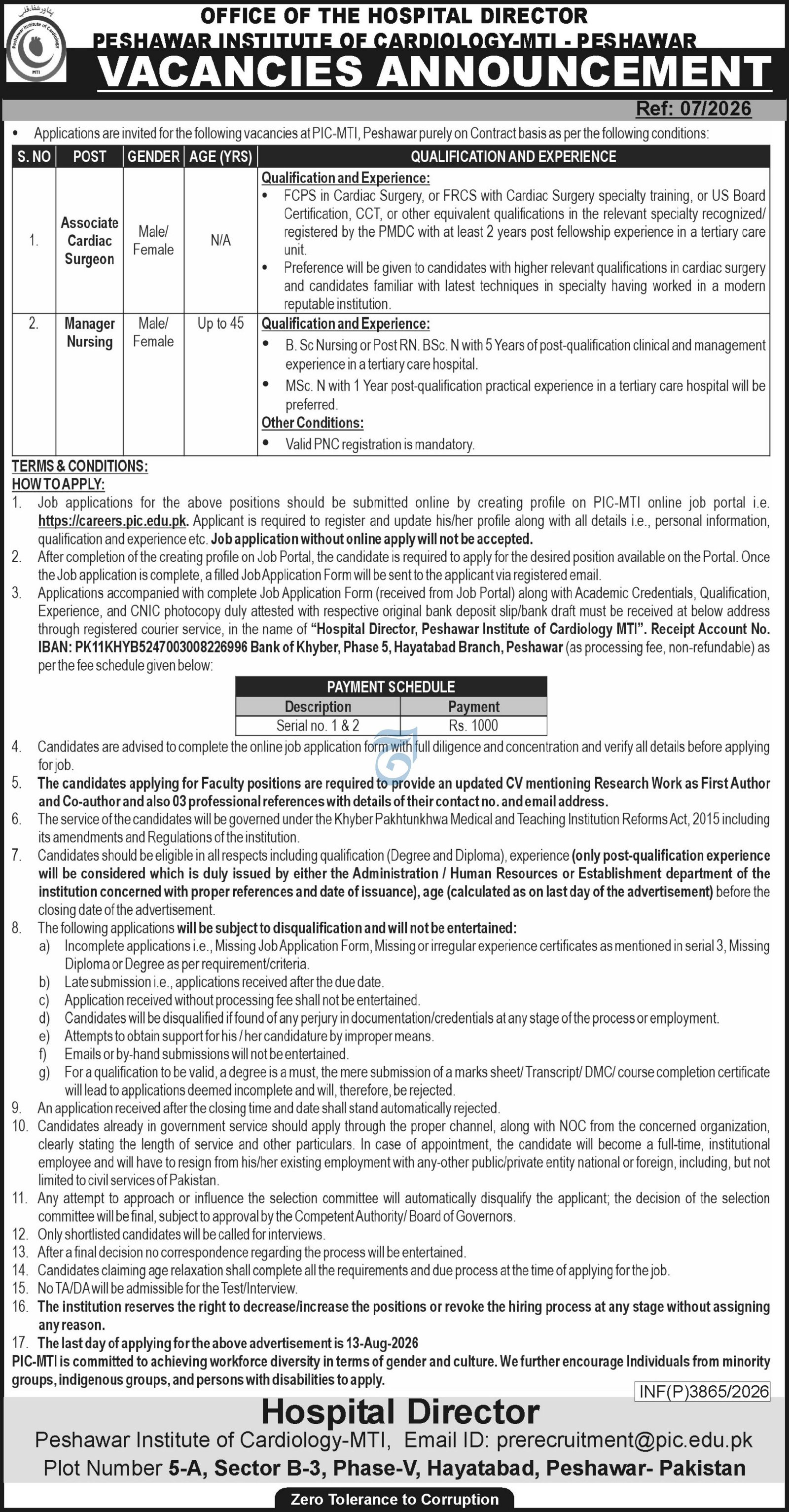 Peshawar Institute Of Cardiology Jobs For Manager Nursing — original advertisement