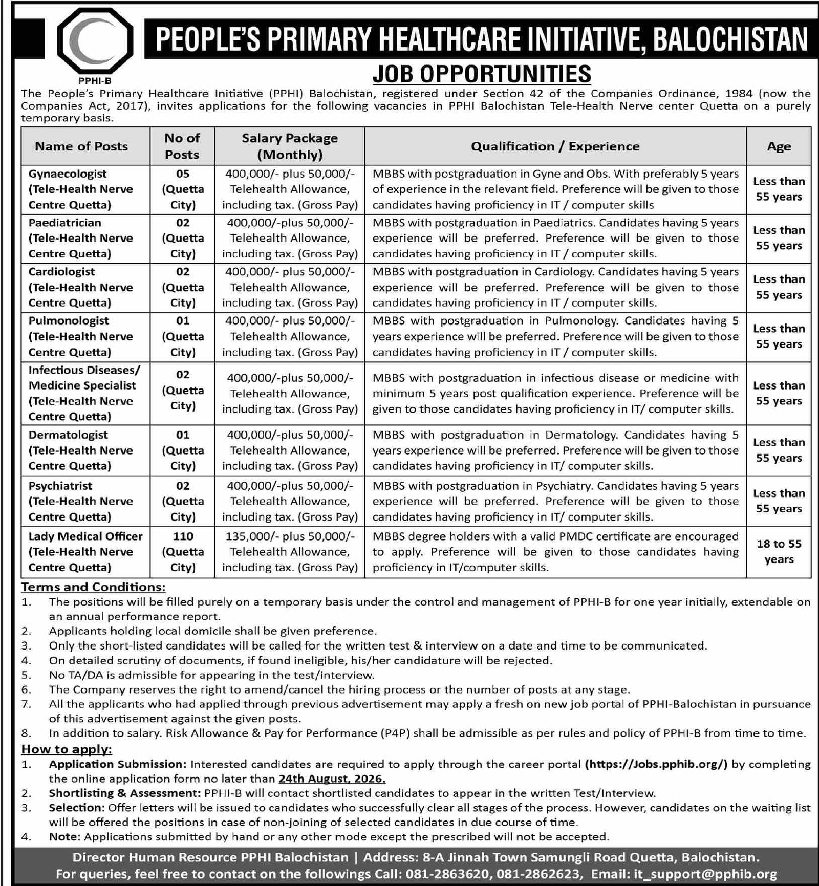 PPHI Balochistan Jobs 2026 For Cardiologist & Dermatologist — original advertisement