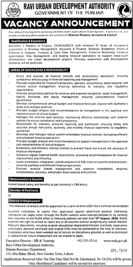 Ravi Urban Development Authority RUDA Lahore Job 2026 — original advertisement