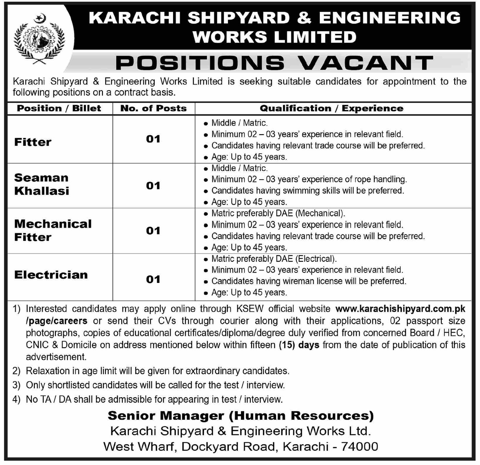 Karachi Shipyard And Engineering Works Limited Jobs 2026 — original advertisement