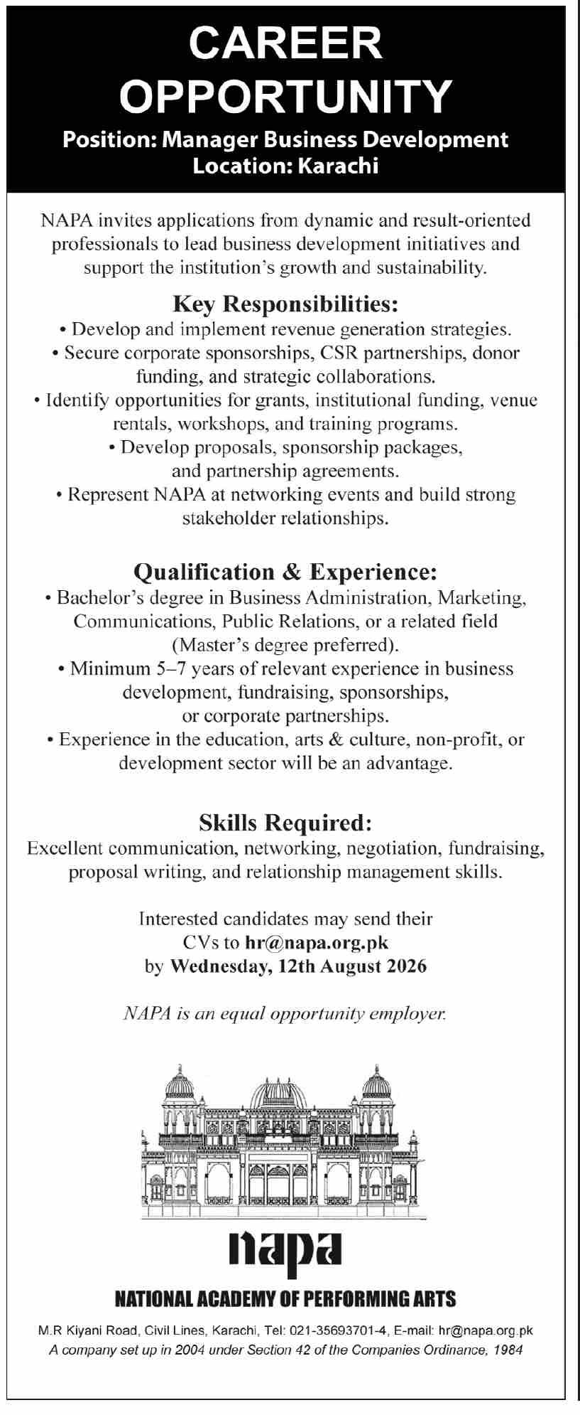 National Academy Of Performing Arts NAPA Jobs 2026 — original advertisement