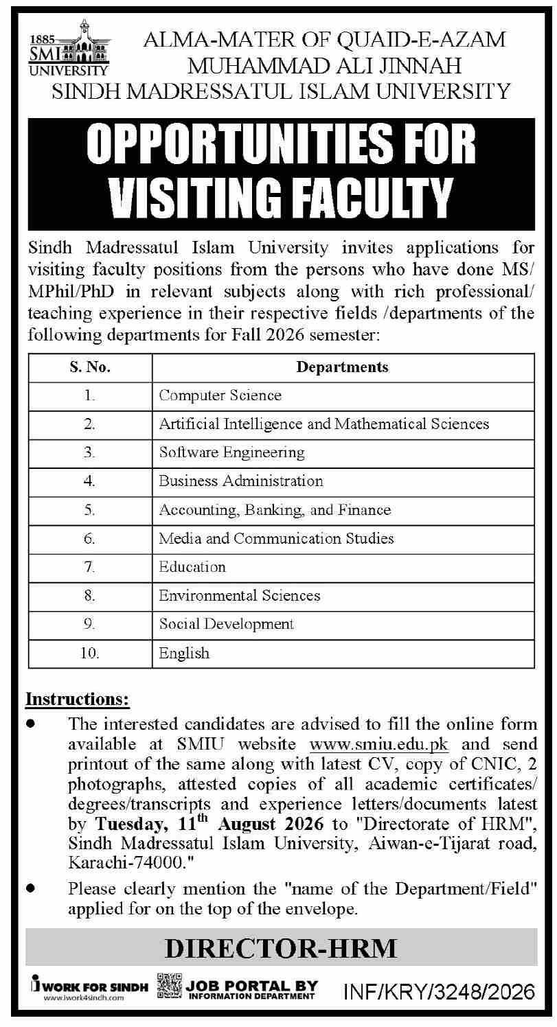 Faculty Jobs At Sindh Madressatul Islam University — original advertisement