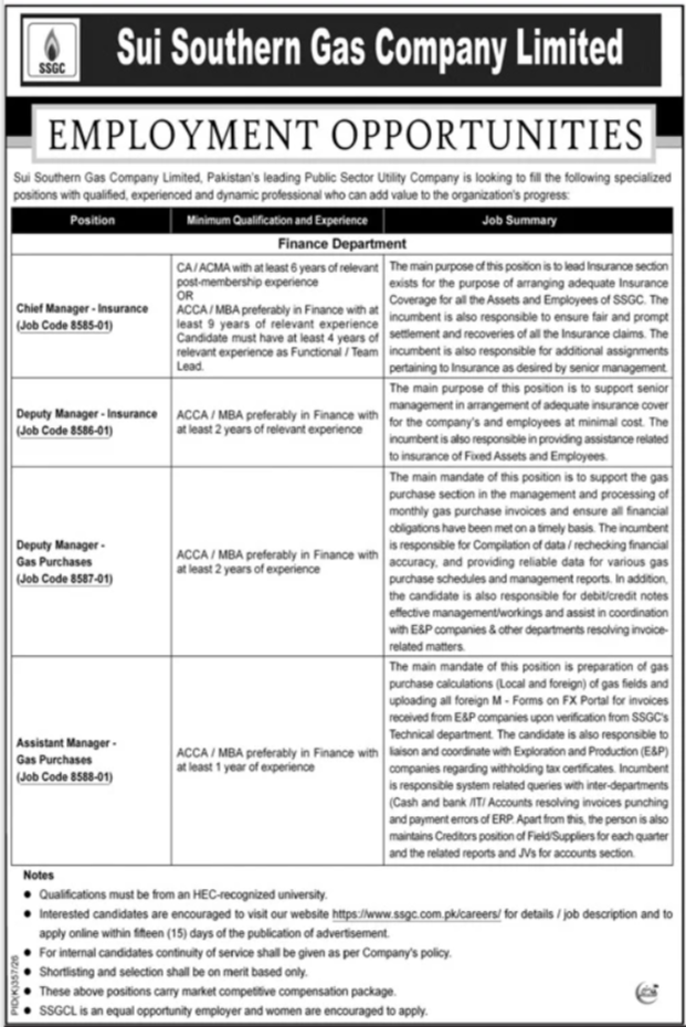 Sui Southern Gas Company Limited SSGC Karachi Jobs 2026 — original advertisement