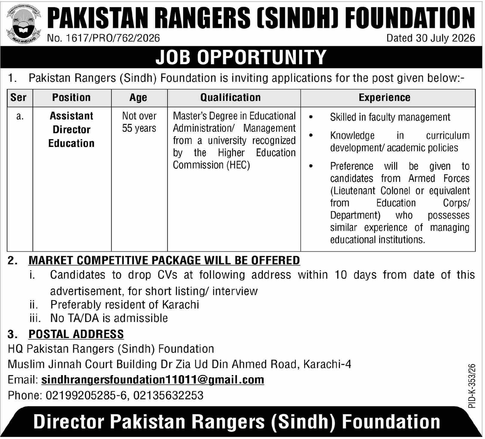 Pakistan Rangers Karachi Jobs 2026 — original advertisement
