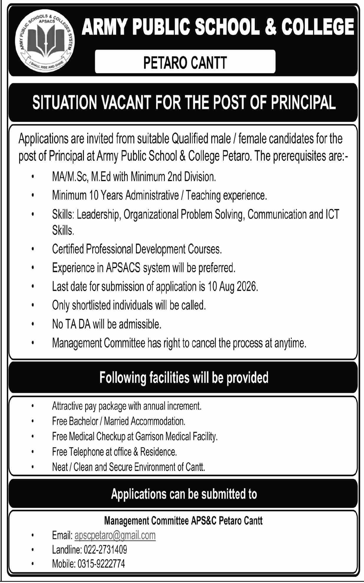 Army Public School & College APS&C Jobs 2026 — original advertisement