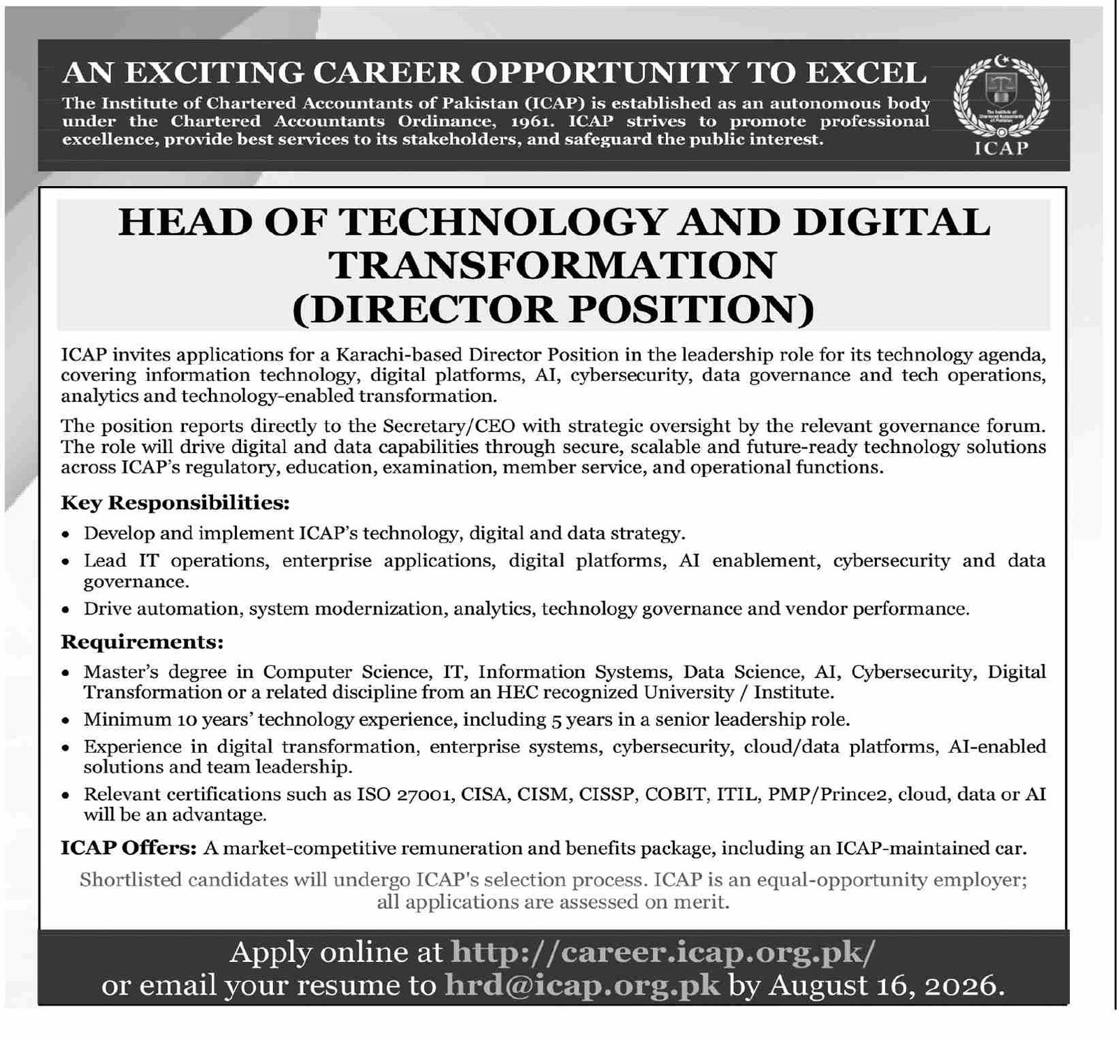 Institute Of Chartered Accountants Karachi  Jobs 2026 — original advertisement