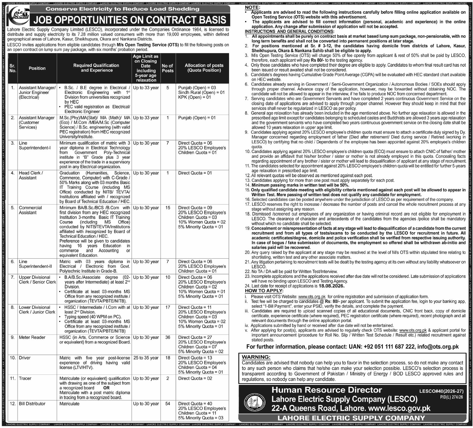 Lahore Electric Supply Company LESCO Jobs 2026 — original advertisement