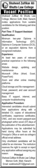 Shaheed Zulfiqar Ali Bhutto Law College SZABLC Karachi Job — original advertisement