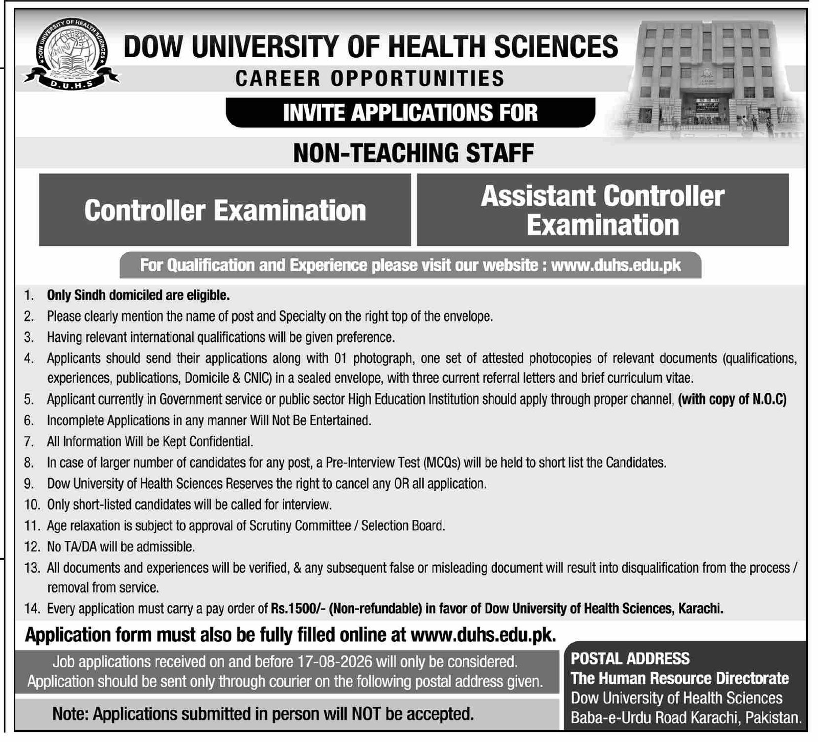Dow University Of Health Sciences Karachi Jobs 2026 — original advertisement