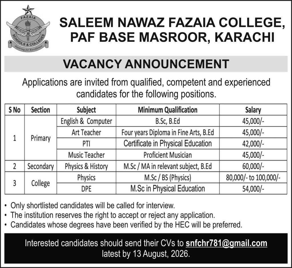 Saleem Nawaz Fazaia PAF College Karachi Jobs 2026 — original advertisement