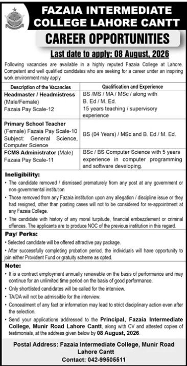 Fazaia Intermediate College Lahore Jobs 2026 — original advertisement