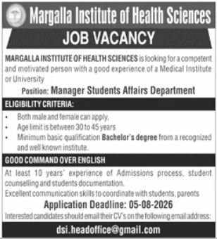 Margalla Institute Of Health Sciences Rawalpindi Job 2026 — original advertisement