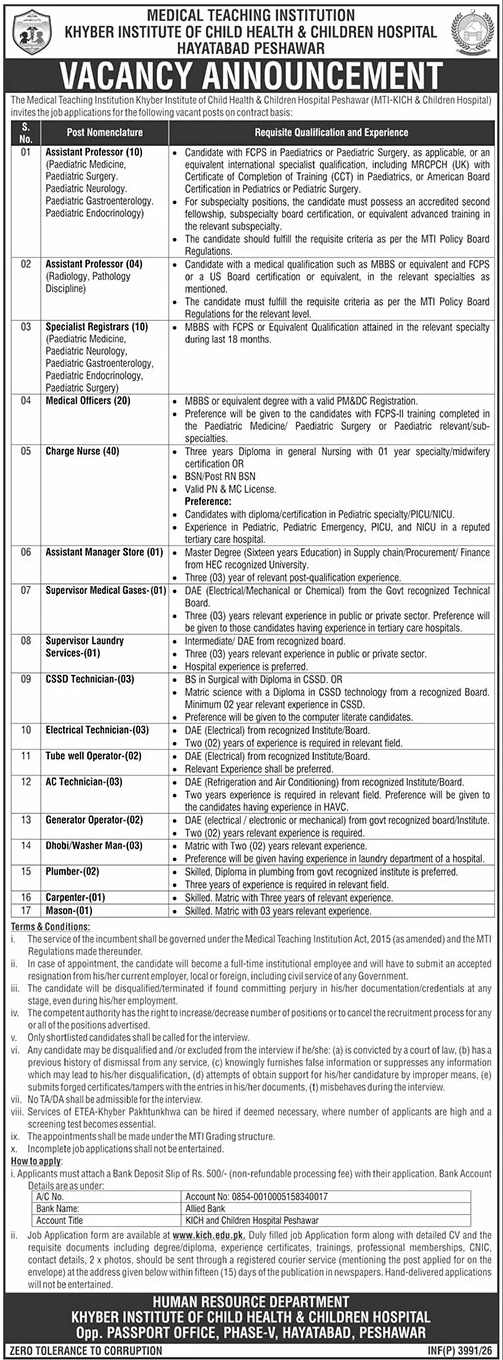 Khyber Institute Of Child Health Peshawar Jobs 2026v — original advertisement