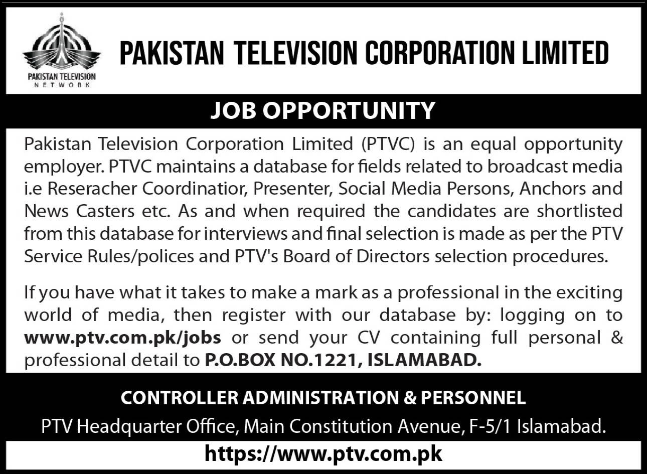 Pakistan Television Corporation Limited PTV Islamabad Jobs — original advertisement