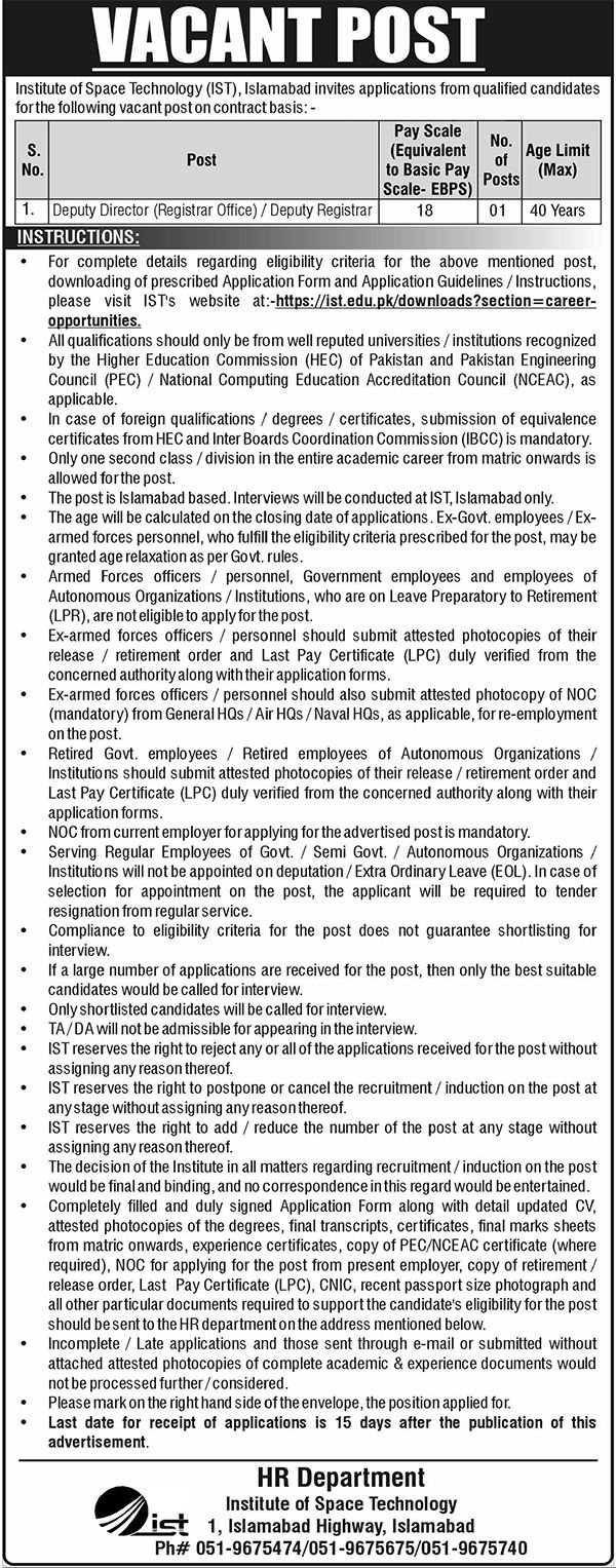 Institute Of Space Technology IST Islamabad Jobs 2026 — original advertisement