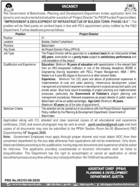 Planning & Development Department Quetta Job 2026 — original advertisement